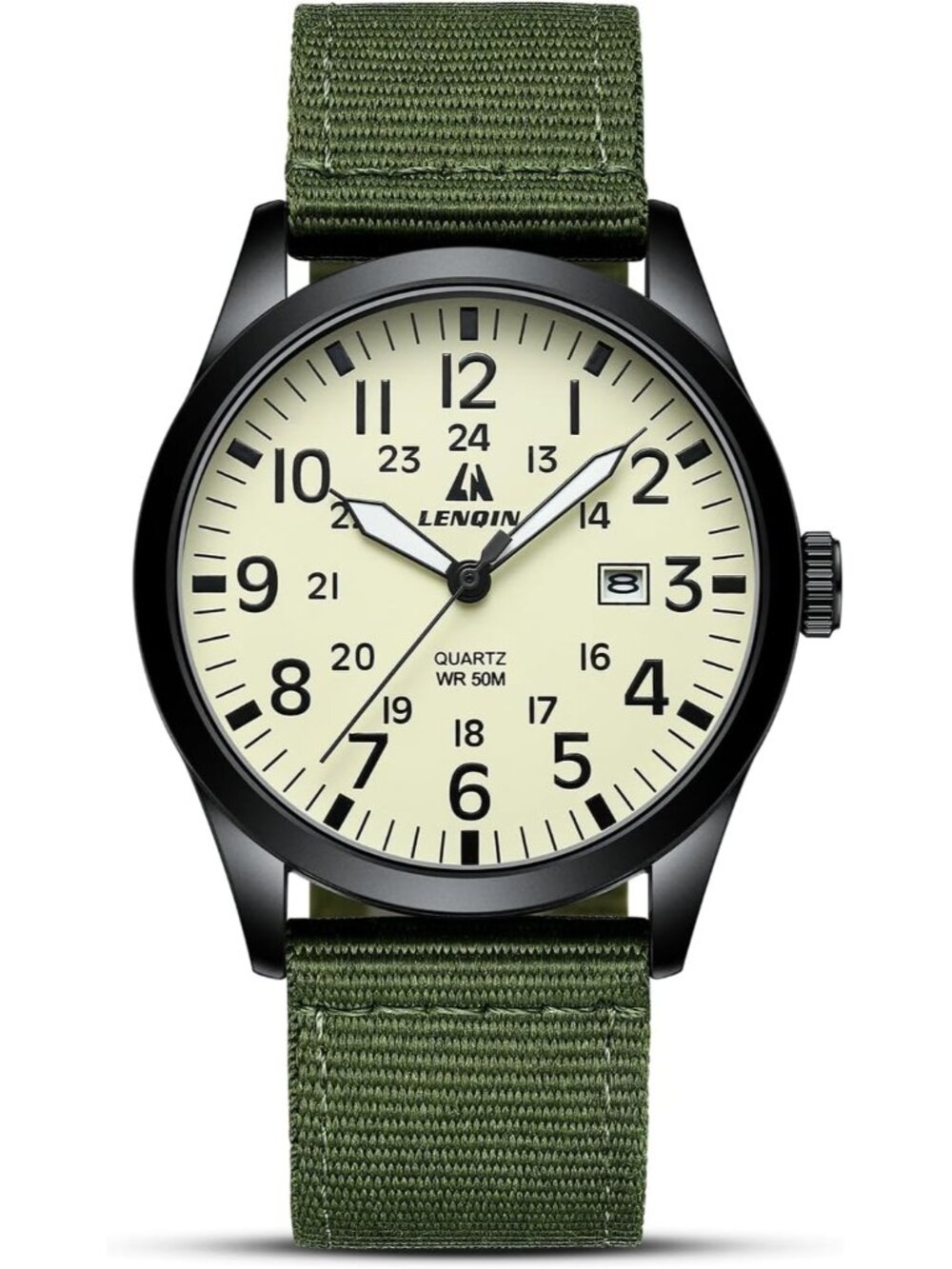LN LENQIN Men's Green Classic Military Analog Quartz Waterproof Nylon Band Watch